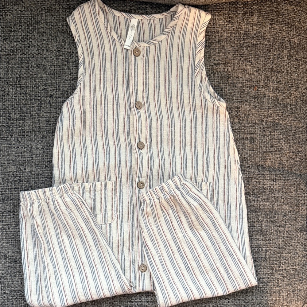 Rylee + Cru Striped Sleeveless Cotton Romper in Beige, Blue & Brown